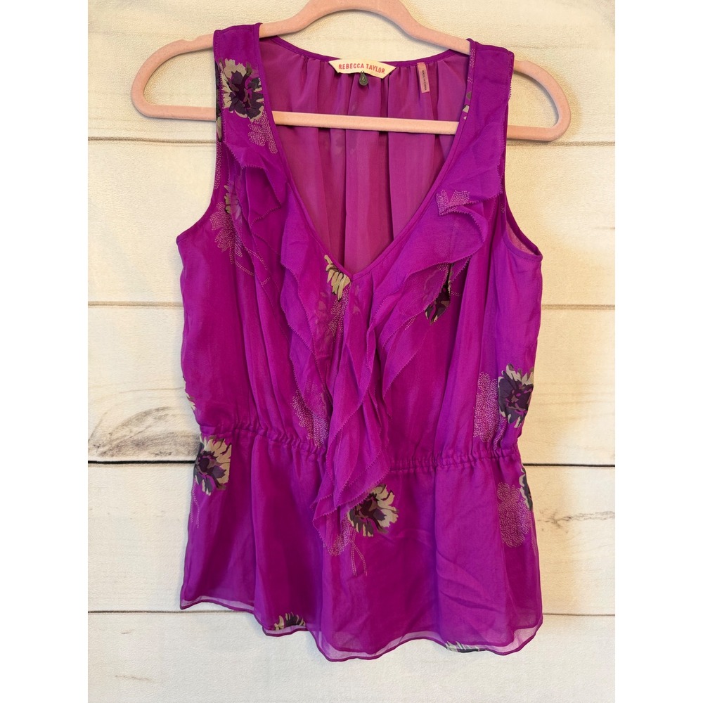 Rebecca Taylor Magenta Purple Silk Ruffle Floral Sleeveless Blouse Top Size 4
